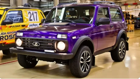 Same Niva rendered in Super Chrome Purple Satin, front three-quarter view